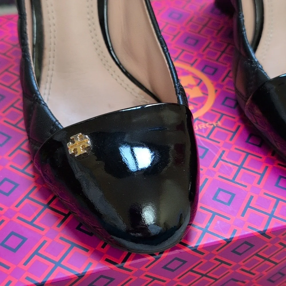 Tory Burch Claremont Black Patent Leather Quilted Wedges - Size 6.5